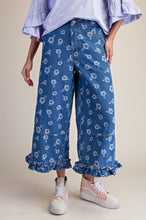 Load image into Gallery viewer, Easel Flower Jacquard Denim Ruffle Bottom Detail Pants in Denim