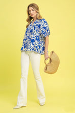 Load image into Gallery viewer, Umgee Floral Print Top with Contrasting Stripe Piping in Blue