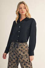 Load image into Gallery viewer, Jodifl Scallop Trim Detail Button Down Satin Top in Black