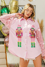 Load image into Gallery viewer, BiBi Button Up Shirt with Large Sequin Nutcrackers and Velvet Sequin Sleeves in Pink