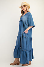 Load image into Gallery viewer, Easel Frayed Detail Denim Maxi Dress in Dark Denim ON ORDER