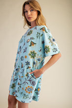 Load image into Gallery viewer, Easel Signature Floral Print and Daisy Patched Terry Knit Dress in Aqua Blue