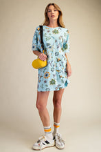 Load image into Gallery viewer, Easel Signature Floral Print and Daisy Patched Terry Knit Dress in Aqua Blue