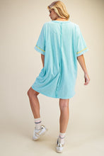 Load image into Gallery viewer, Easel Mineral Washed Floral Patched T-Shirt Dress in Aqua