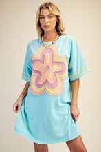Load image into Gallery viewer, Easel Mineral Washed Floral Patched T-Shirt Dress in Aqua