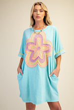 Load image into Gallery viewer, Easel Mineral Washed Floral Patched T-Shirt Dress in Aqua