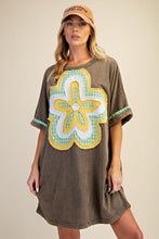 Load image into Gallery viewer, Easel Mineral Washed Floral Patched T-Shirt Dress in Ash Olive ON ORDER