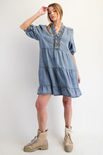 Load image into Gallery viewer, Easel Tiered Mini Dress in Washed Denim