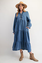 Load image into Gallery viewer, Easel Tiered Maxi Dress in Washed Denim ON ORDER