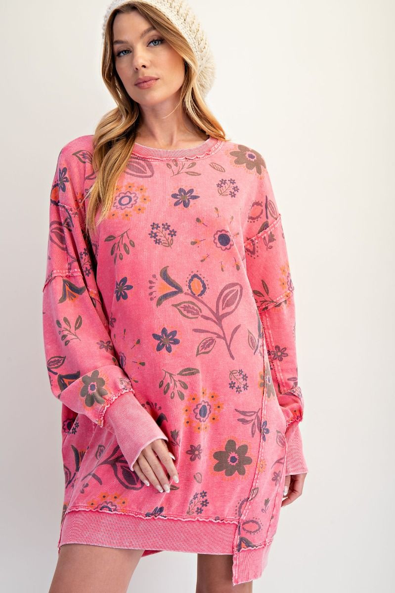 Easel Mineral Washed Floral Print Terry Knit Dress in Candy Pink S