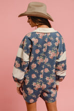 Load image into Gallery viewer, BiBi Floral Print Denim Romper with Contrasting Fabric in Denim **PLEASE REVIEW DESCRIPTION DETAILS ON SIZING**