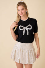Load image into Gallery viewer, Main Strip Sweater Knit Top with Sequin Bow Front in Black