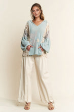 Load image into Gallery viewer, Davi & Dani OVERSIZED Hooded Mixed Fabric Top with Flower Patch in Light Blue Grey