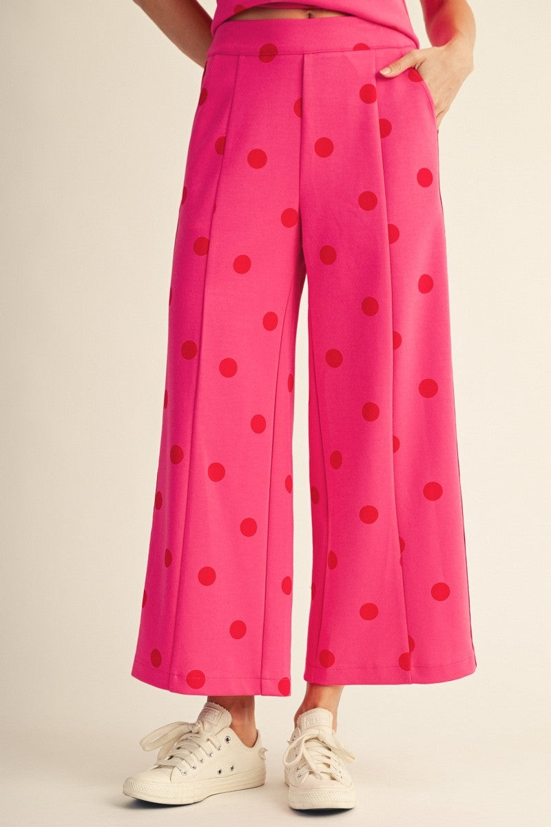 Jodifl Color Rib Band Side Accent Wide Leg Polka Dot Pants in Hot