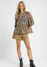 Load image into Gallery viewer, Umgee Paisley Print Peplum Top in Green/Orange