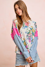 Load image into Gallery viewer, BiBi Floral Terry Knit Top with Denim Sleeves in Ivory