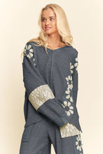 Load image into Gallery viewer, Davi & Dani Heavy Waffle Knit Top with Flower Patches in Slate Blue