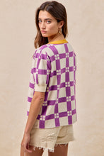 Load image into Gallery viewer, BiBi Knit Sweater Checkered Pattern Top with Football Patched Front in Purple/Gold