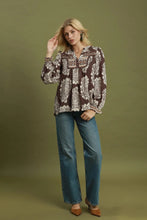 Load image into Gallery viewer, Umgee Boho Paisley Floral Contrast Yoke Blouse in Chocolate