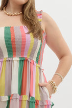 Load image into Gallery viewer, Entro Multi Colored Striped Tiered Midi Dress in Green Latte
