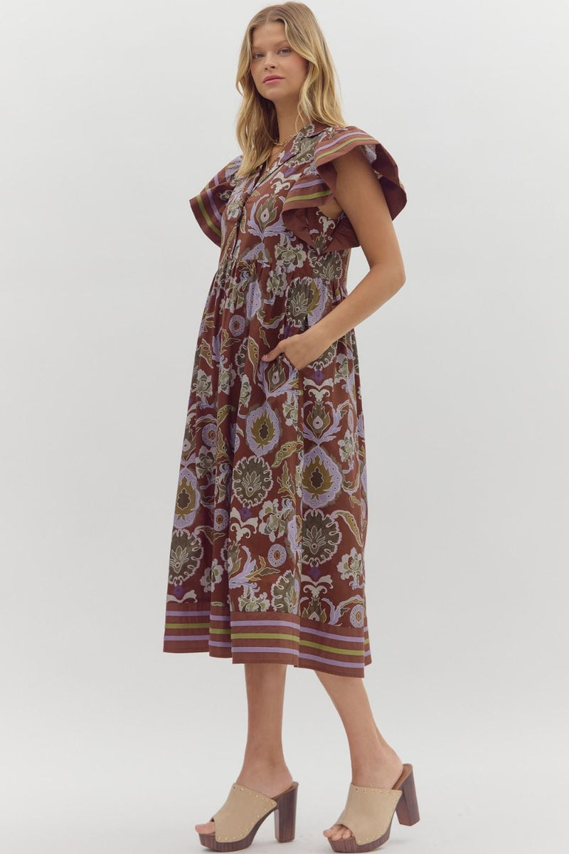 Entro Multi Mixed Print Midi Dress in Red Bean M Entro Multi Mixed Print Midi Dress in Red Bean M