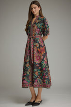 Load image into Gallery viewer, Entro Floral Border Print Puff Sleeve Midi Dress in Black