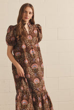 Load image into Gallery viewer, Entro Floral Print Puff Sleeve Midi Dress in Brown