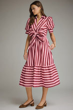 Load image into Gallery viewer, Entro Contrasting Stripe Front Bow Tie Midi Dress in Plum Wine