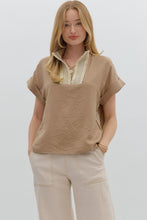Load image into Gallery viewer, Entro Lightweight Solid Color Top with Lace Crochet Details in Taupe
