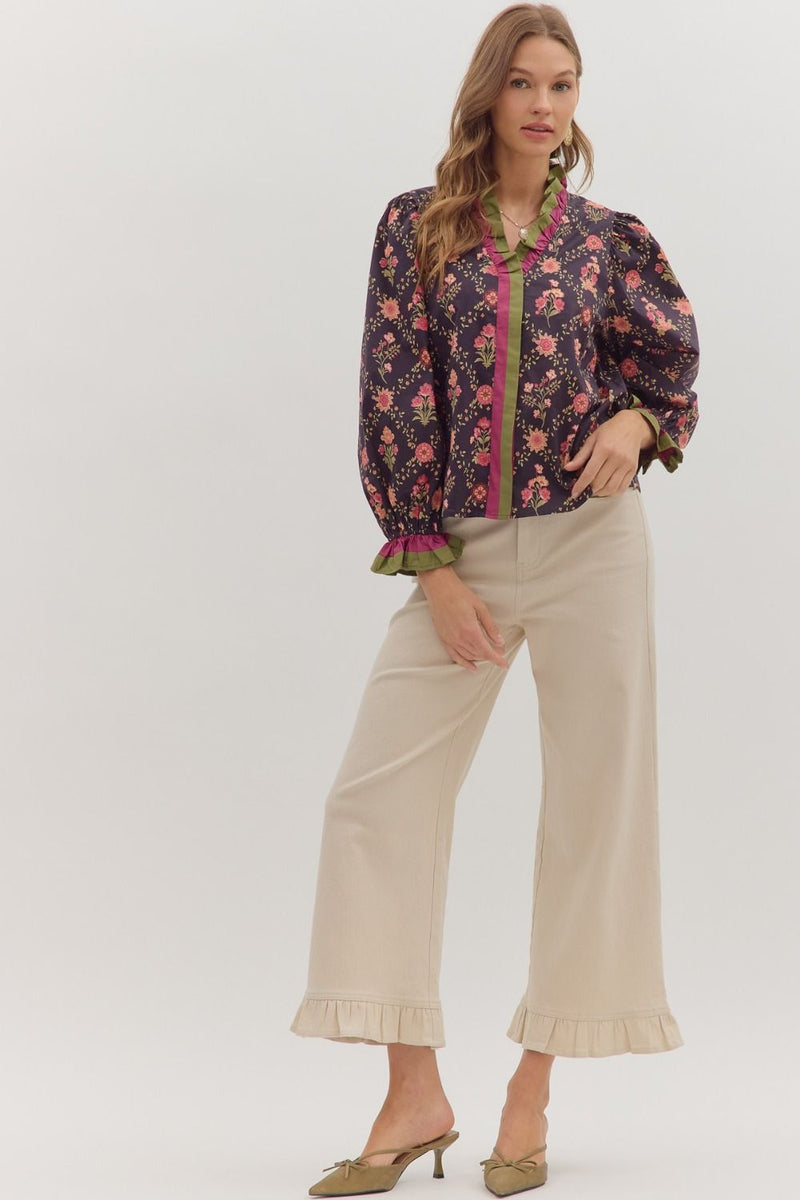 Entro Floral Print Top with Multicolor Ruffle Trim in Dark Navy