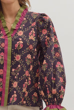 Load image into Gallery viewer, Entro Floral Print Top with Multicolor Ruffle Trim in Dark Navy
