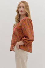 Load image into Gallery viewer, entro Floral Print Top with Contrasting Embroidery Knot Trim in Brown