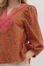Load image into Gallery viewer, entro Floral Print Top with Contrasting Embroidery Knot Trim in Brown