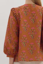 Load image into Gallery viewer, entro Floral Print Top with Contrasting Embroidery Knot Trim in Brown