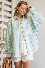 Load image into Gallery viewer, Easel Irregular Striped Button Down Shirt in Aqua Blue Shirts & Tops Easel
