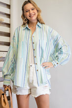 Load image into Gallery viewer, Easel Irregular Striped Button Down Shirt in Aqua Blue Shirts & Tops Easel