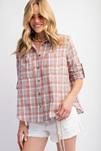 Load image into Gallery viewer, Easel Plaid Button Down Top in Coral Grey Shirts & Tops Easel