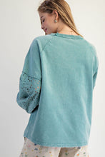Load image into Gallery viewer, Easel Mineral Washed Top with Crochet Doily and Eyelet Lace Sleeves in Faded Teal