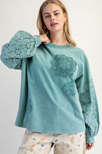 Load image into Gallery viewer, Easel Mineral Washed Top with Crochet Doily and Eyelet Lace Sleeves in Faded Teal