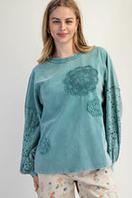 Load image into Gallery viewer, Easel Mineral Washed Top with Crochet Doily and Eyelet Lace Sleeves in Faded Teal