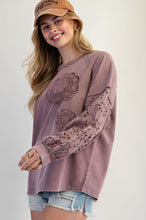Load image into Gallery viewer, Easel Mineral Washed Top with Crochet Doily and Eyelet Lace Sleeves in Red Bean