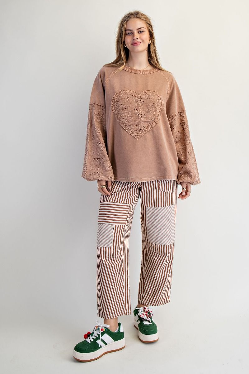 Easel Eyelet Lace Heart Patched Top in Almond – June Adel