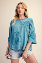 Load image into Gallery viewer, Easel Terry Knit Floral Embroidery Top in Faded Teal