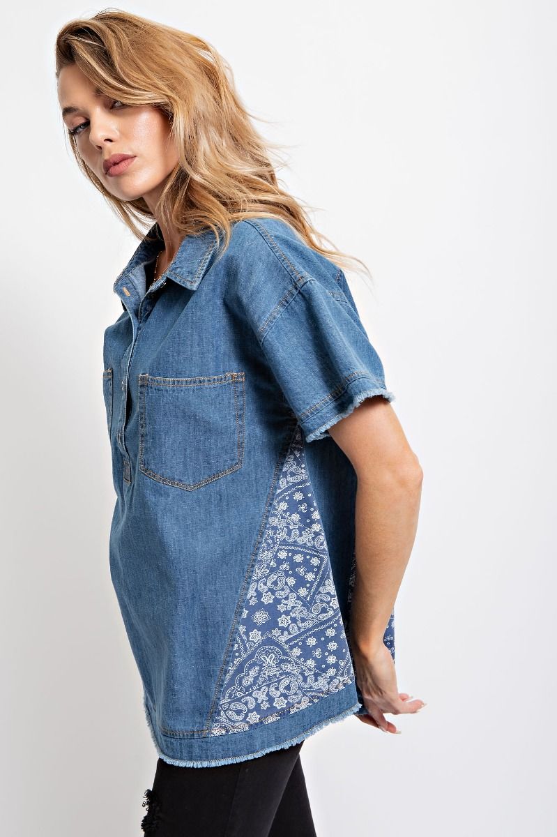 Easel Washed Denim Shirt With Bandana Details June Adel 3061