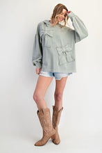 Load image into Gallery viewer, Easel Solid Color Terry Knit Bow Patch Hooded Top on Sage
