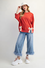 Load image into Gallery viewer, Easel Solid Color Terry Knit Top with Applique Bows on Hem in Boho Red