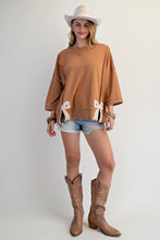 Load image into Gallery viewer, Easel Solid Color Terry Knit Top with Applique Bows on Hem in Camel
