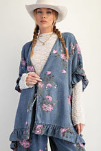 Load image into Gallery viewer, Easel Floral Print Chambray Open Front Cardigan in Washed Denim