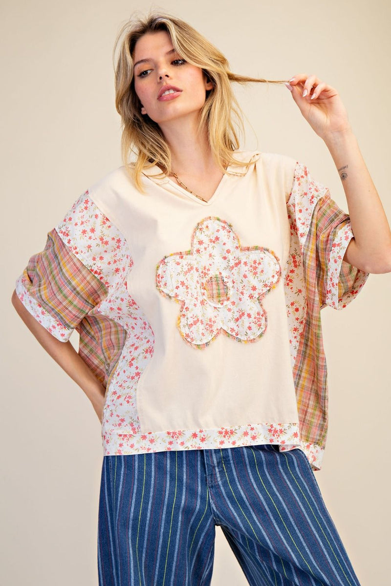 Easel Flower and Plaid Print Hooded Top in Natural – June Adel