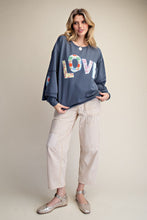 Load image into Gallery viewer, Easel Terry Knit LOVE Patched Top in Blueberry